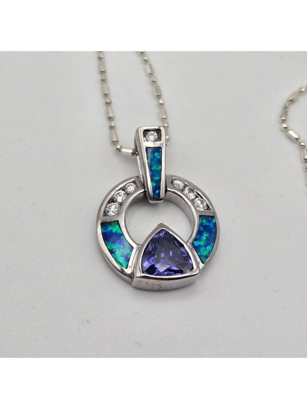 Sterling Silver Necklace Blue Opal Inlay Purple Trillion Tanzanite Gemstone Pend